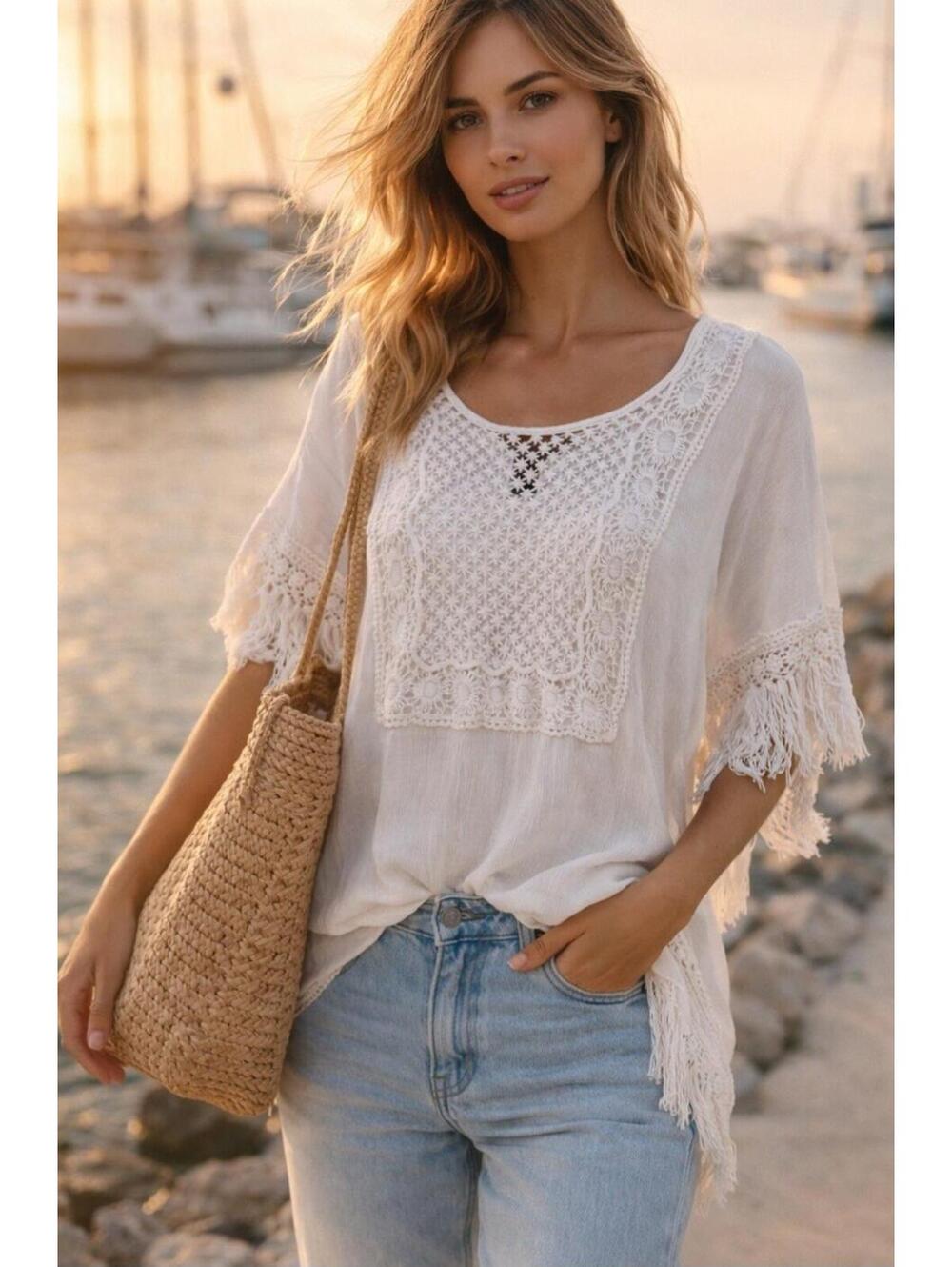 Boho Crochet Lace Poncho Blouse  Womens Sz Small White Gauze  Fringe Resort Top